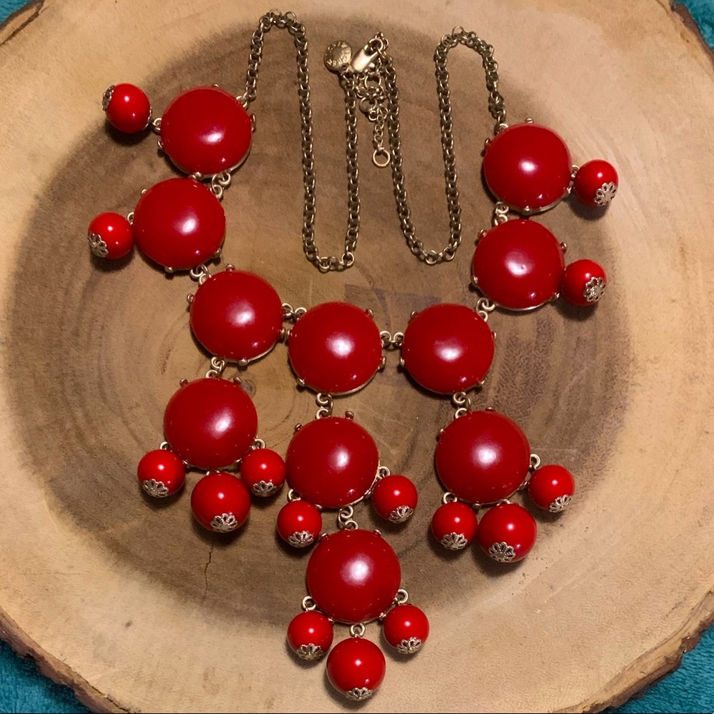 J. Crew Jewelry Gold Tone Statement Necklace Red Bubble Bauble Beads Cabochons